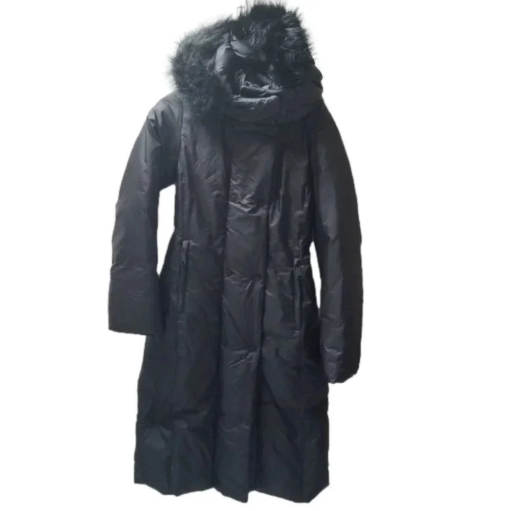 Zara Long Black Puffer  Coat Faux Fur Trim Hood XS